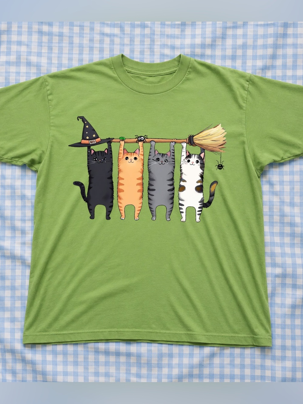 Gildan Kiwi Green Hanging Cat Witch Broom Graphic Tee, Vintage Cute Shirt